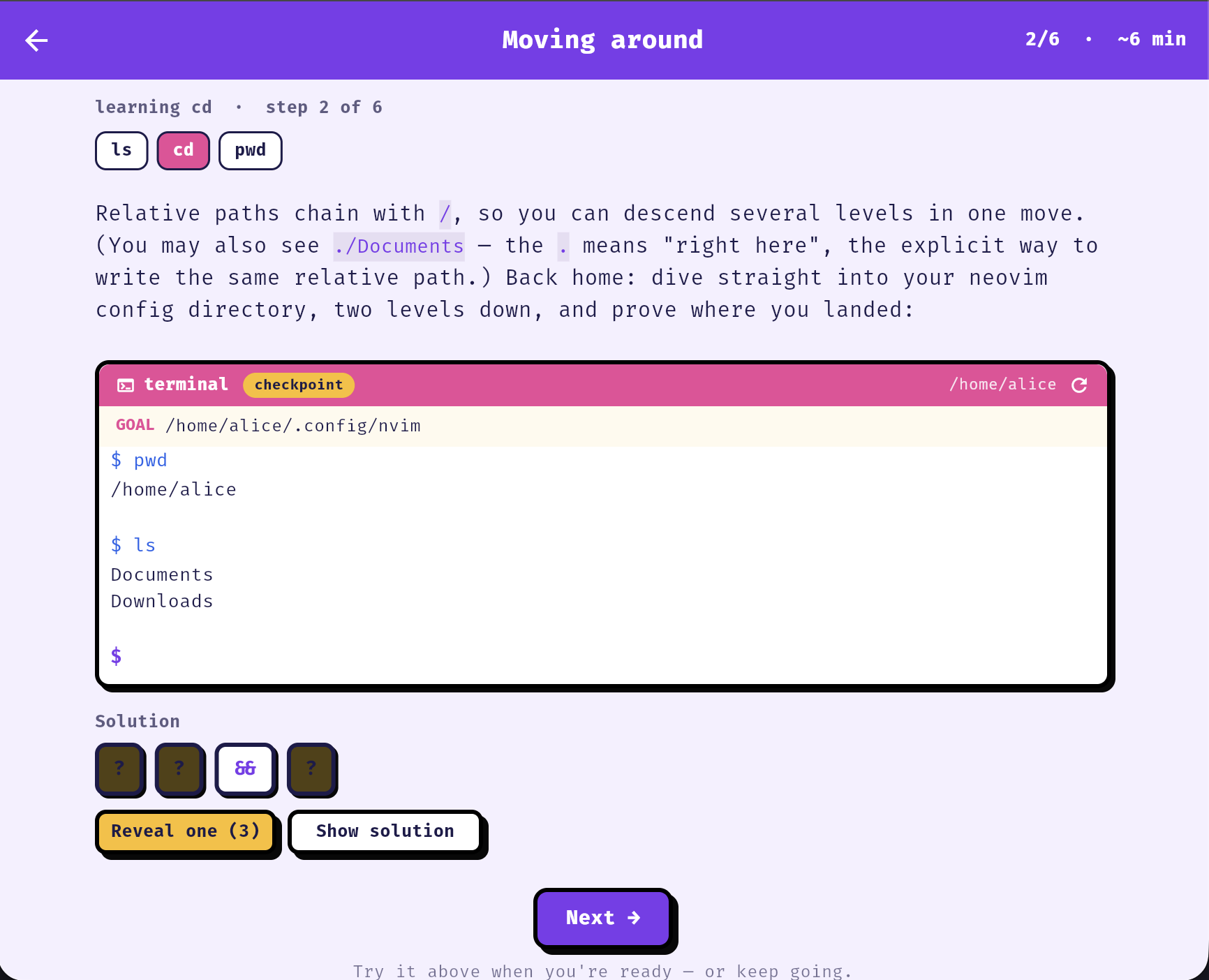 A lesson checkpoint with a goal, a sandbox, and reveal-solution controls