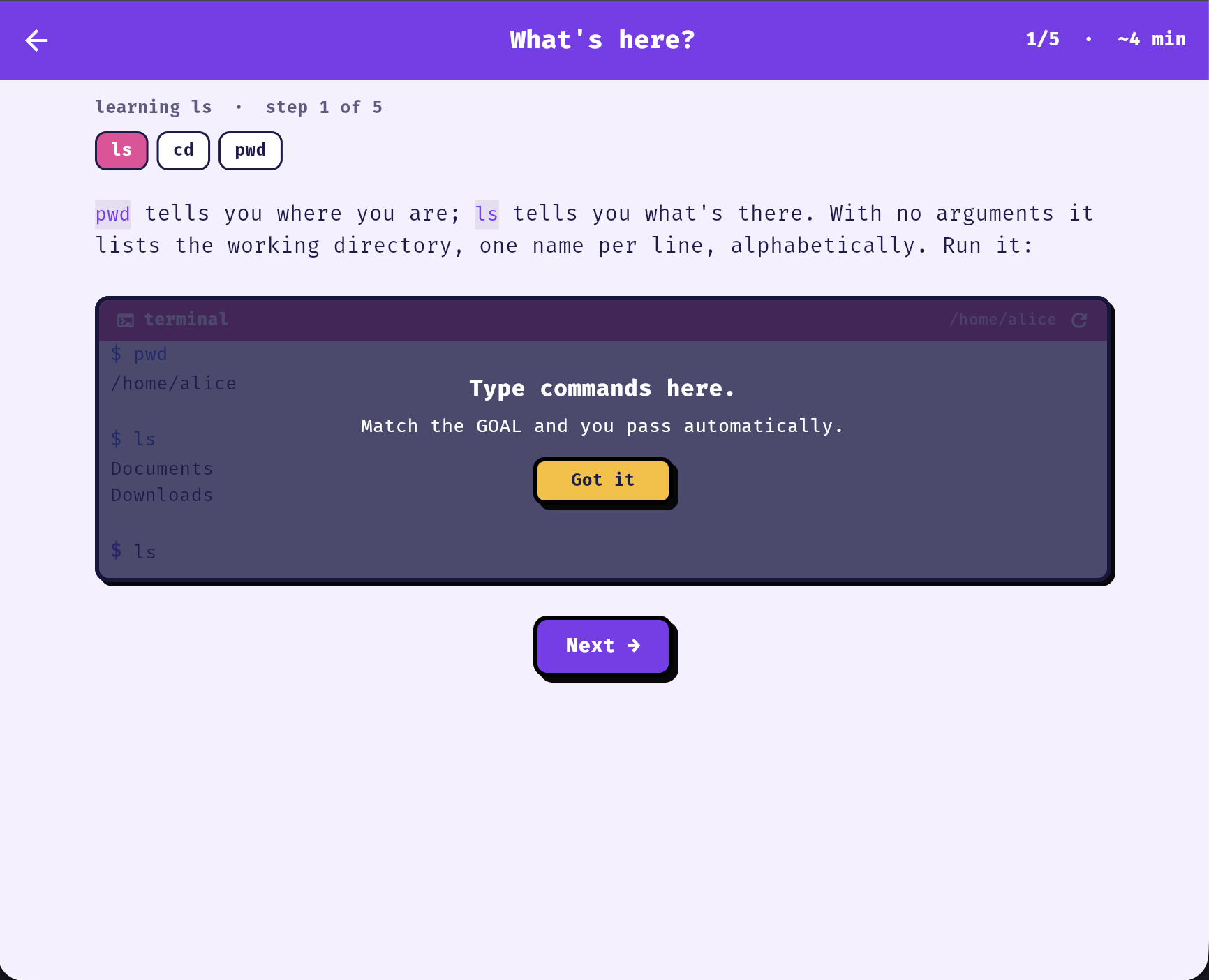 Learning ls, step 1 of 5: a short explanation above an inline terminal