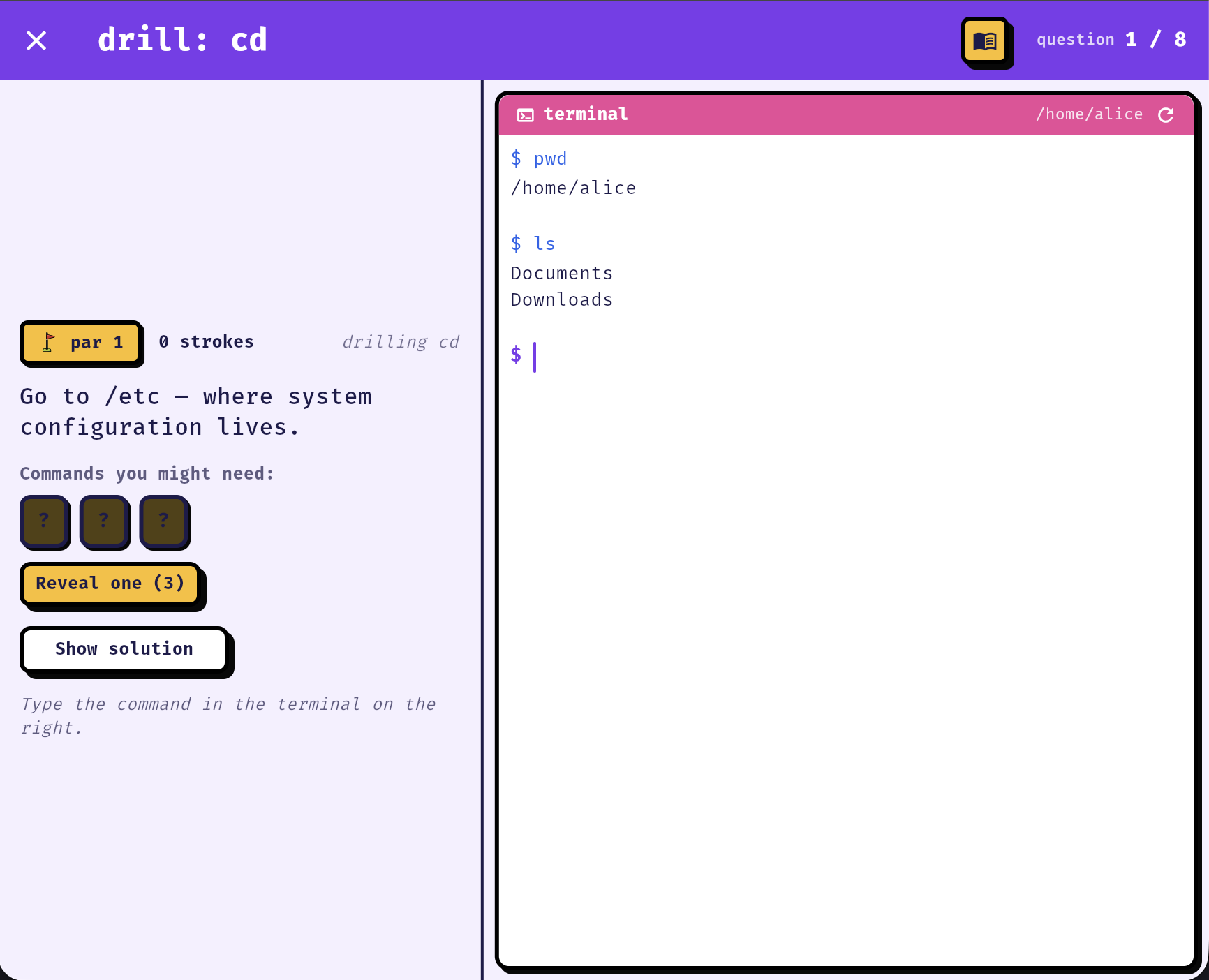 A drill: the task and hint chips on the left, a live terminal on the right