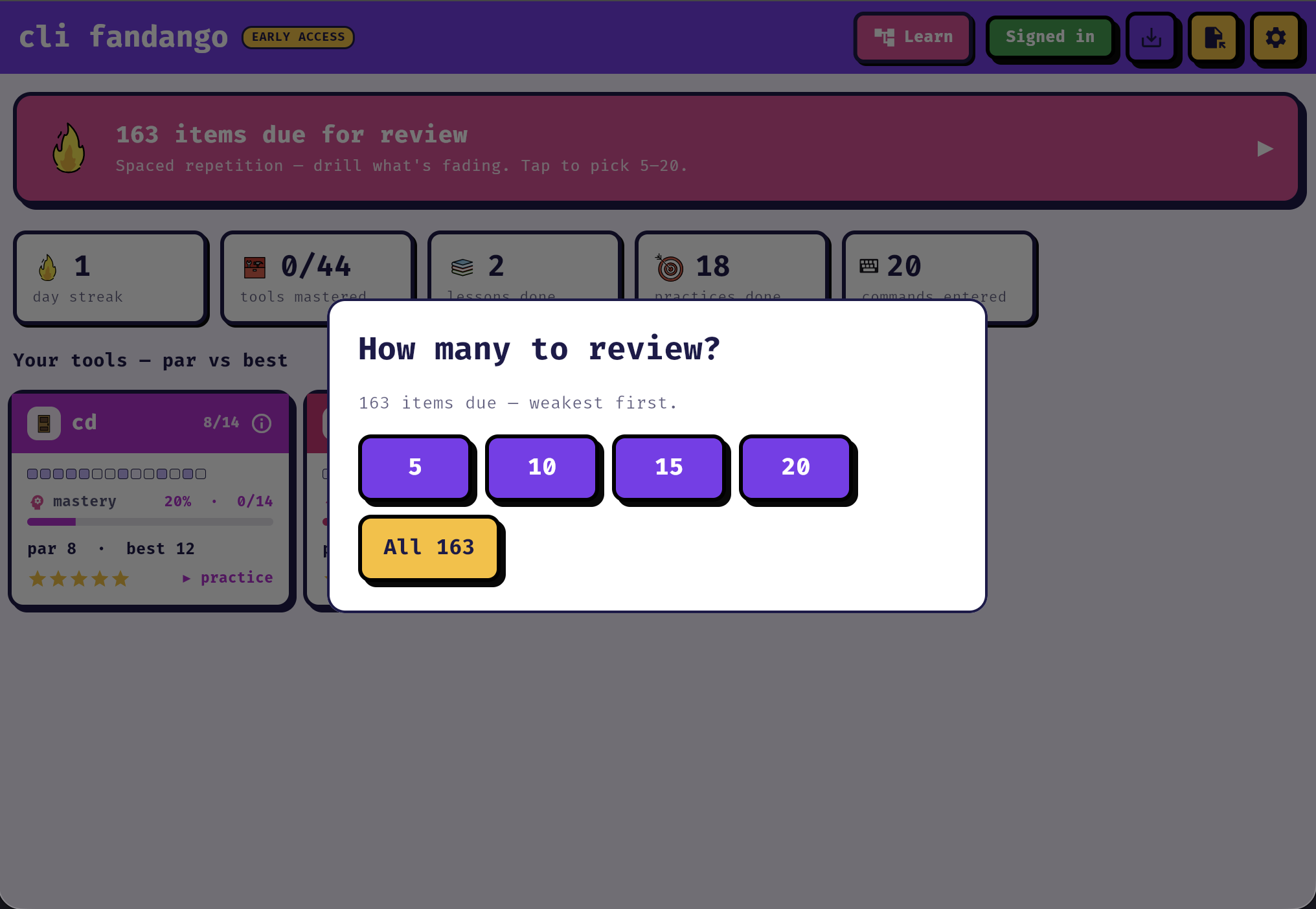 A 'how many to review?' dialog: 5, 10, 15, 20 or all due items, weakest first