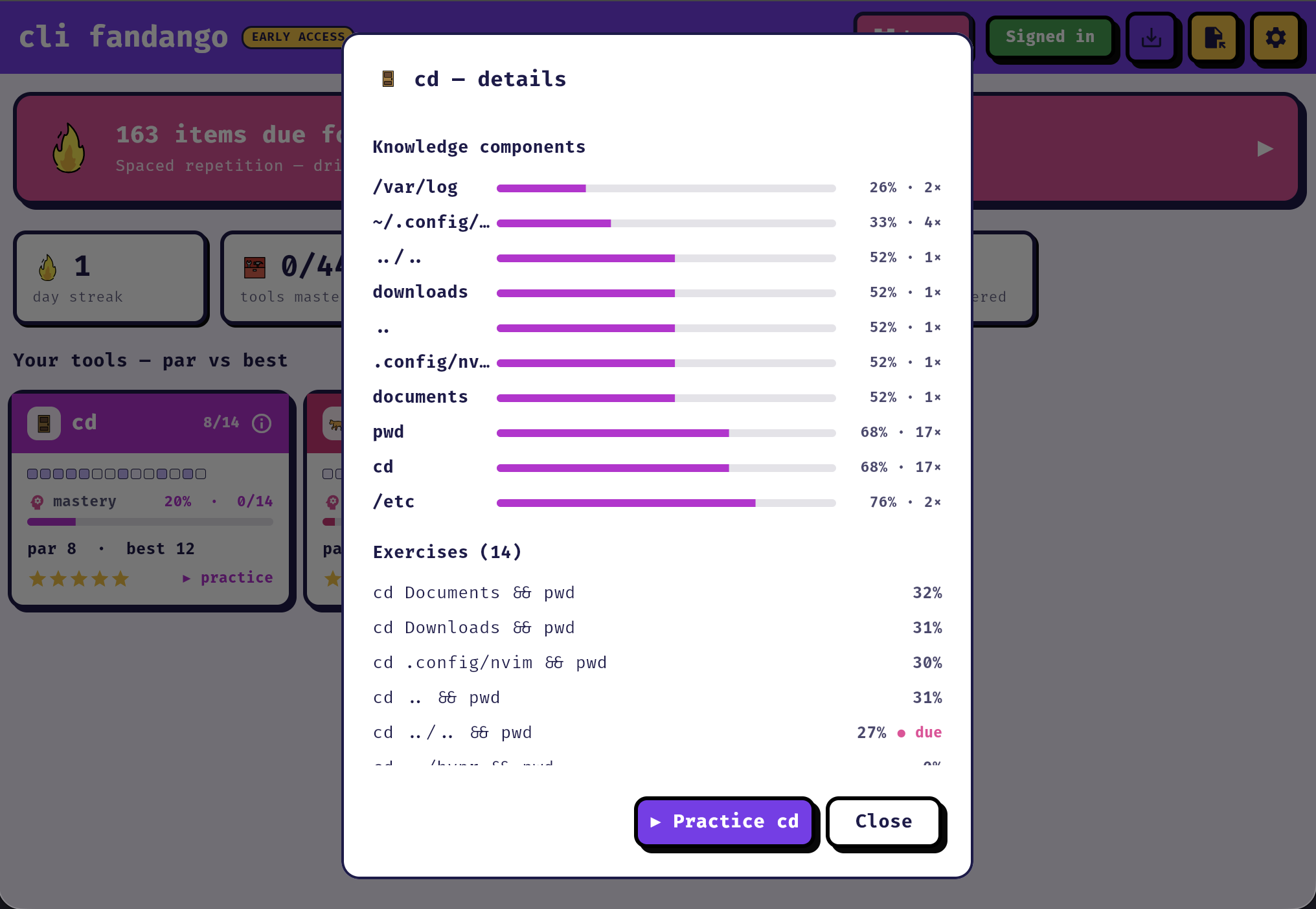 A cd details panel: per-token mastery bars and a list of exercises with scores