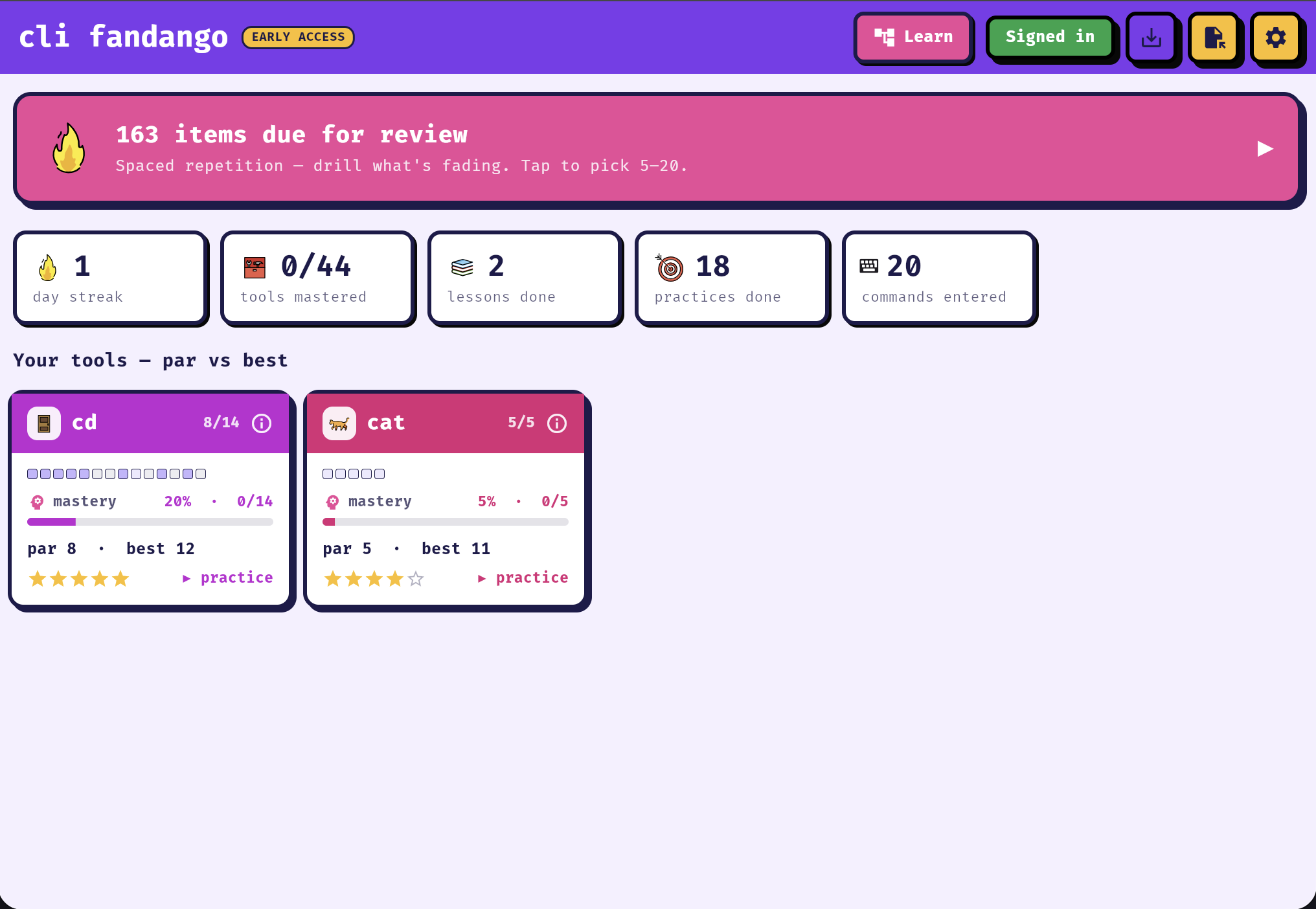The toolbox: streak and totals on top, per-tool cards with mastery bars and par-vs-best